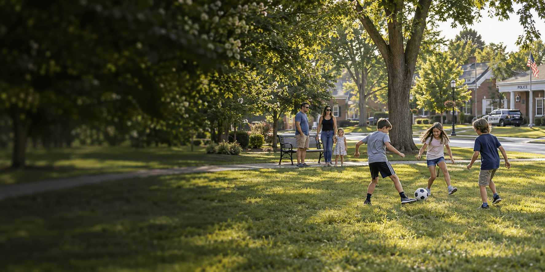 Children playing in a neighborhood park, with parents nearby and a local police station across the street