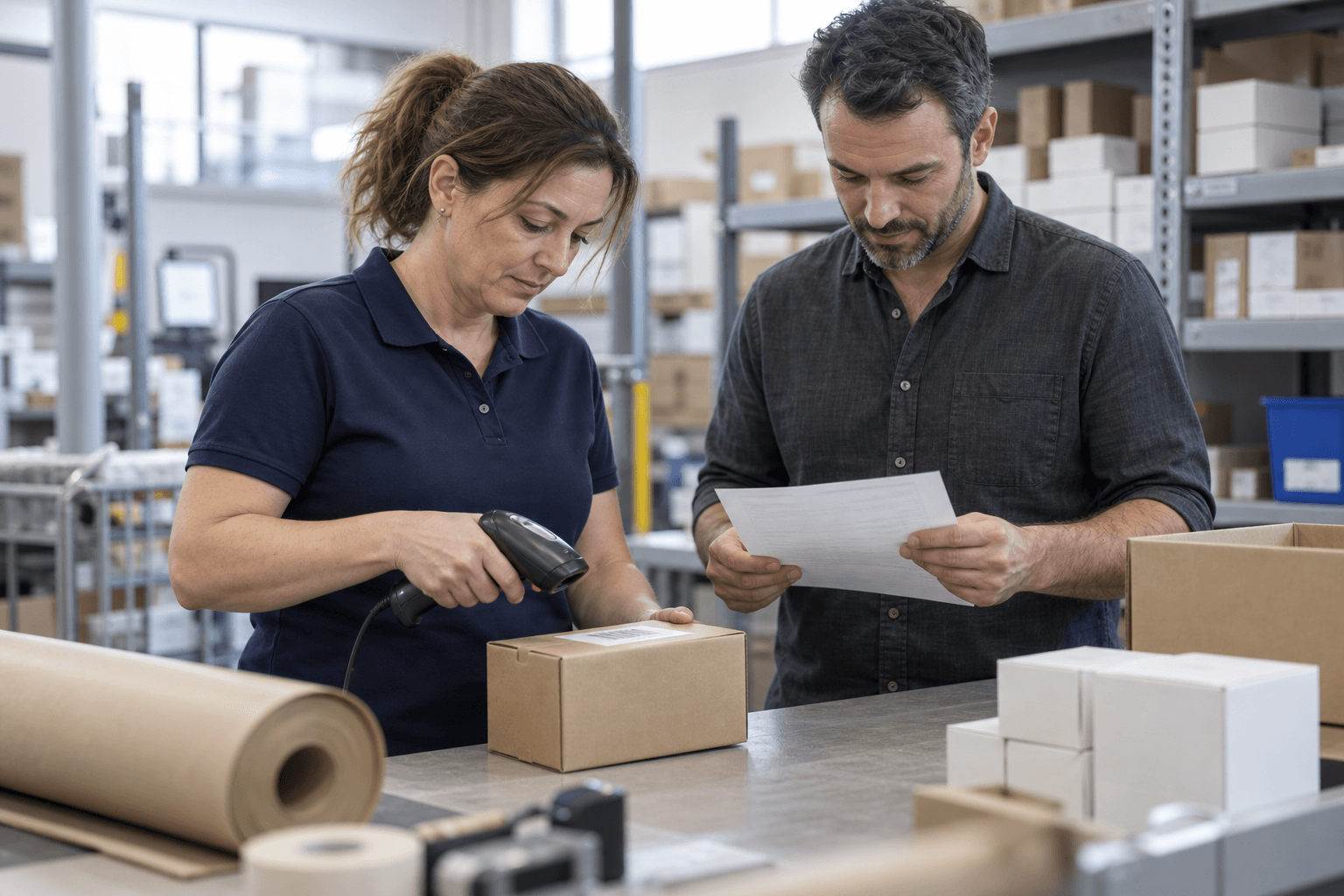 A distribution specialist scanning a carton in a modern warehouse