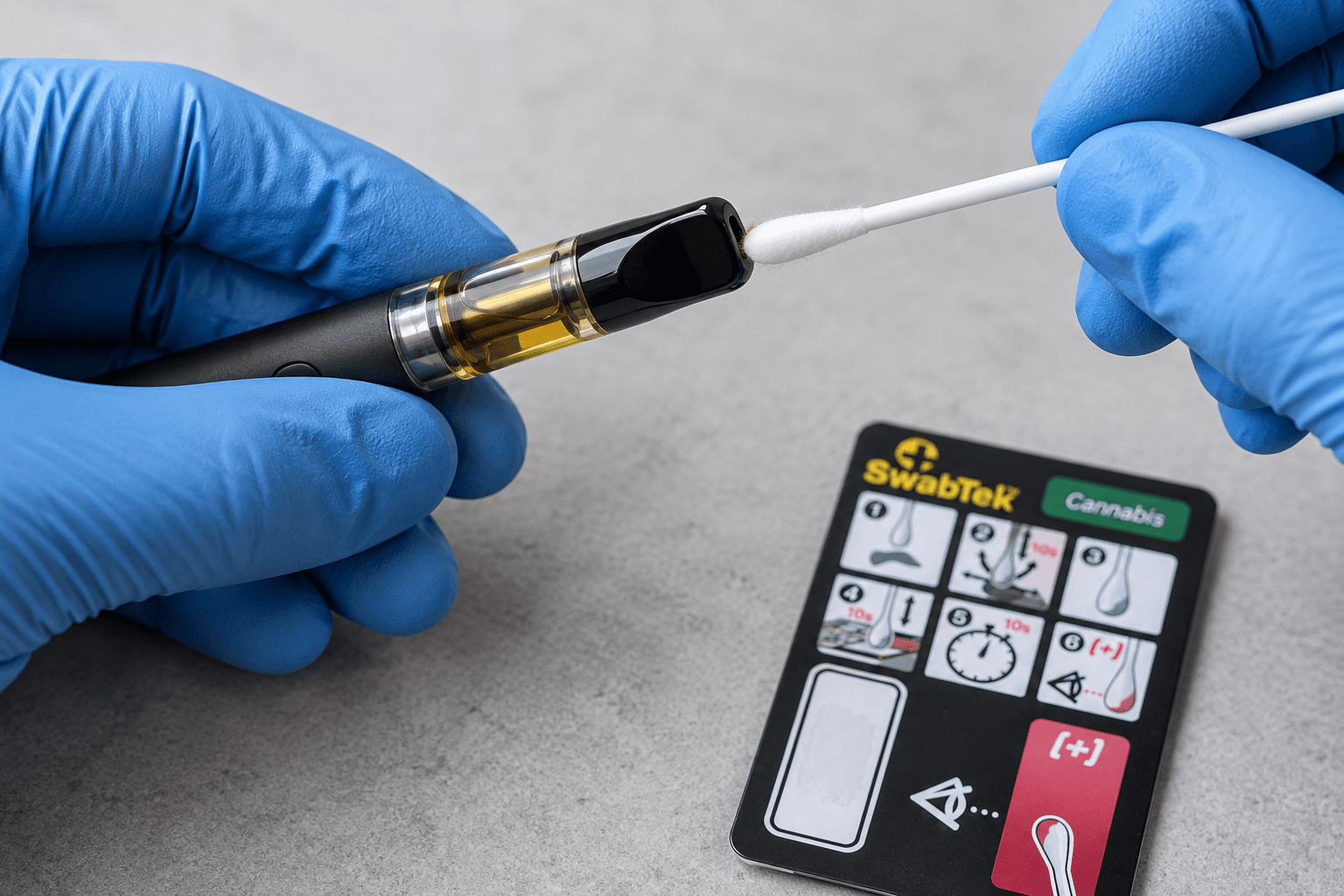 A gloved hand collects a sample from a vape with a SwabTek swab