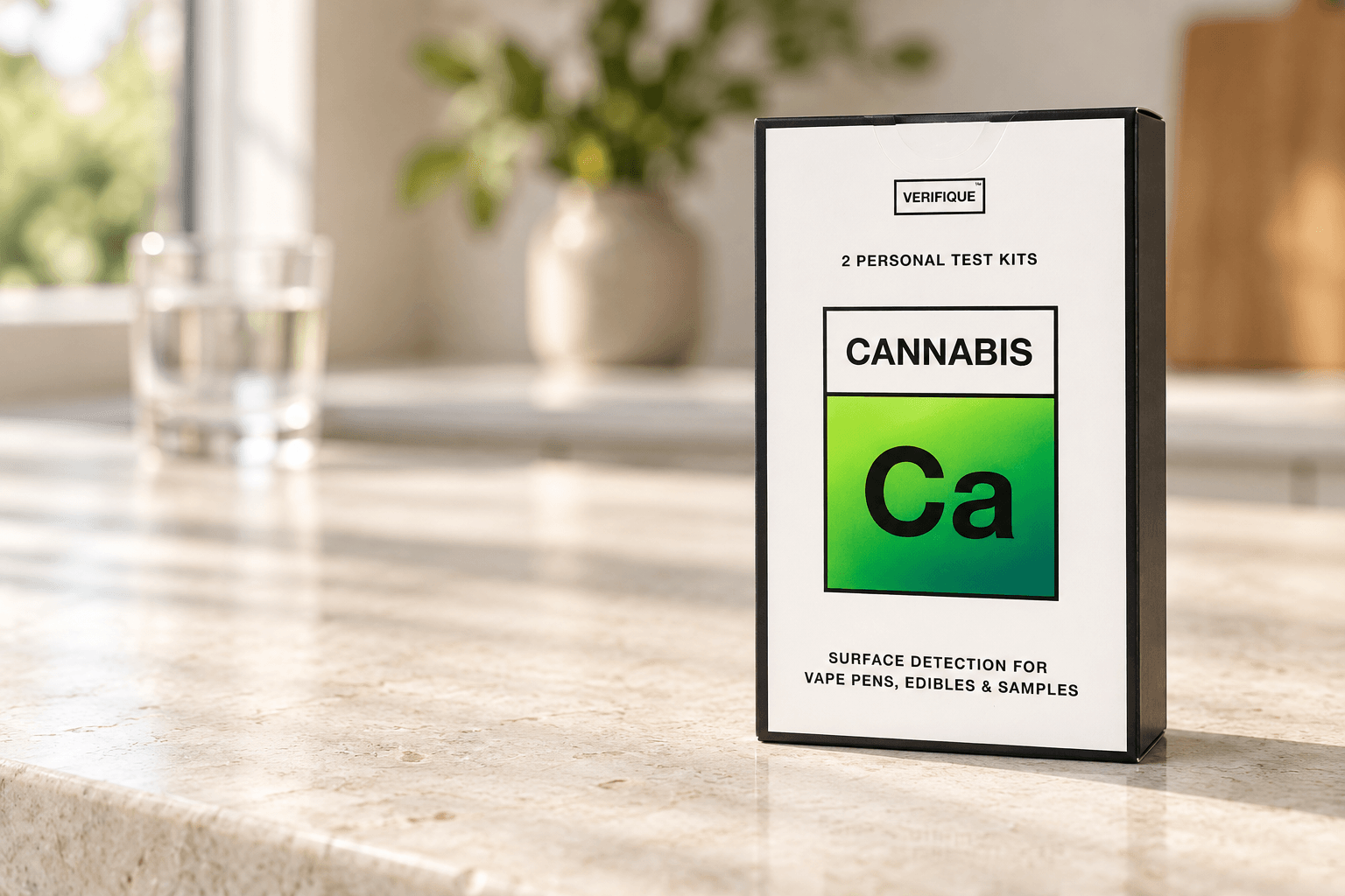 Verifique Cannabis two-test box on a bright kitchen counter