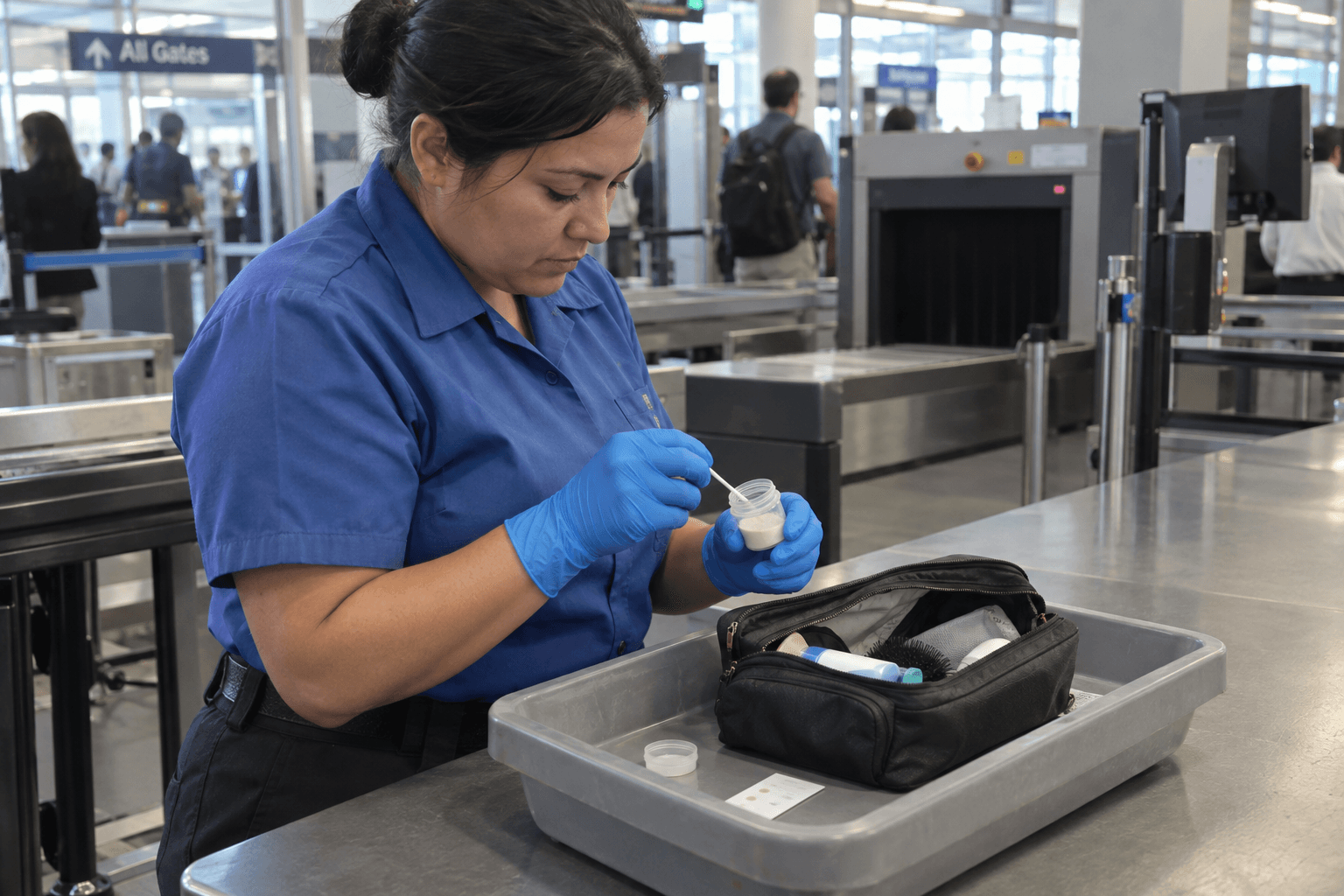 An airport screening employee sampling a small travel container at a baggage inspection counter