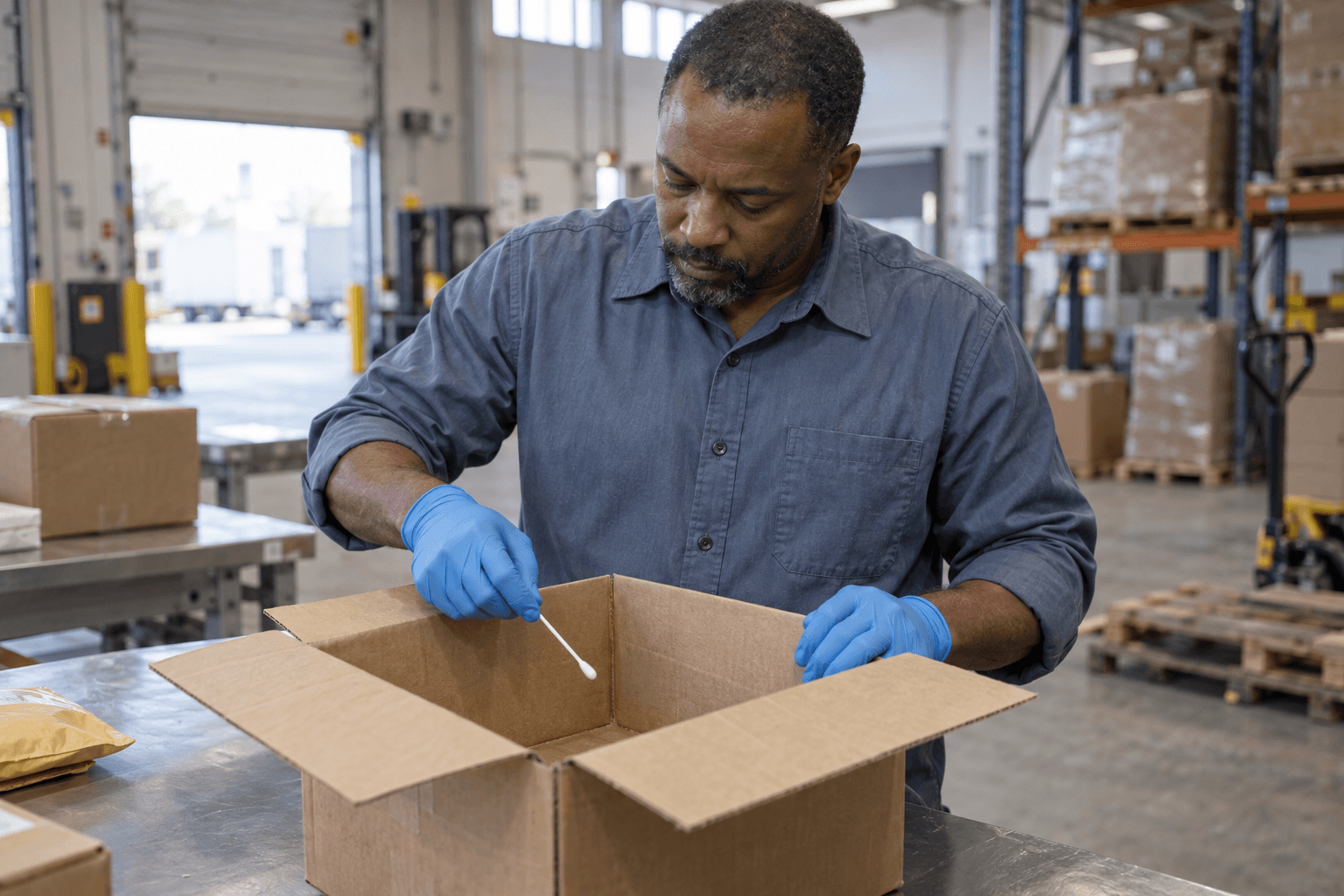 An inspector collects a sample from an opened parcel at a cargo inspection bench