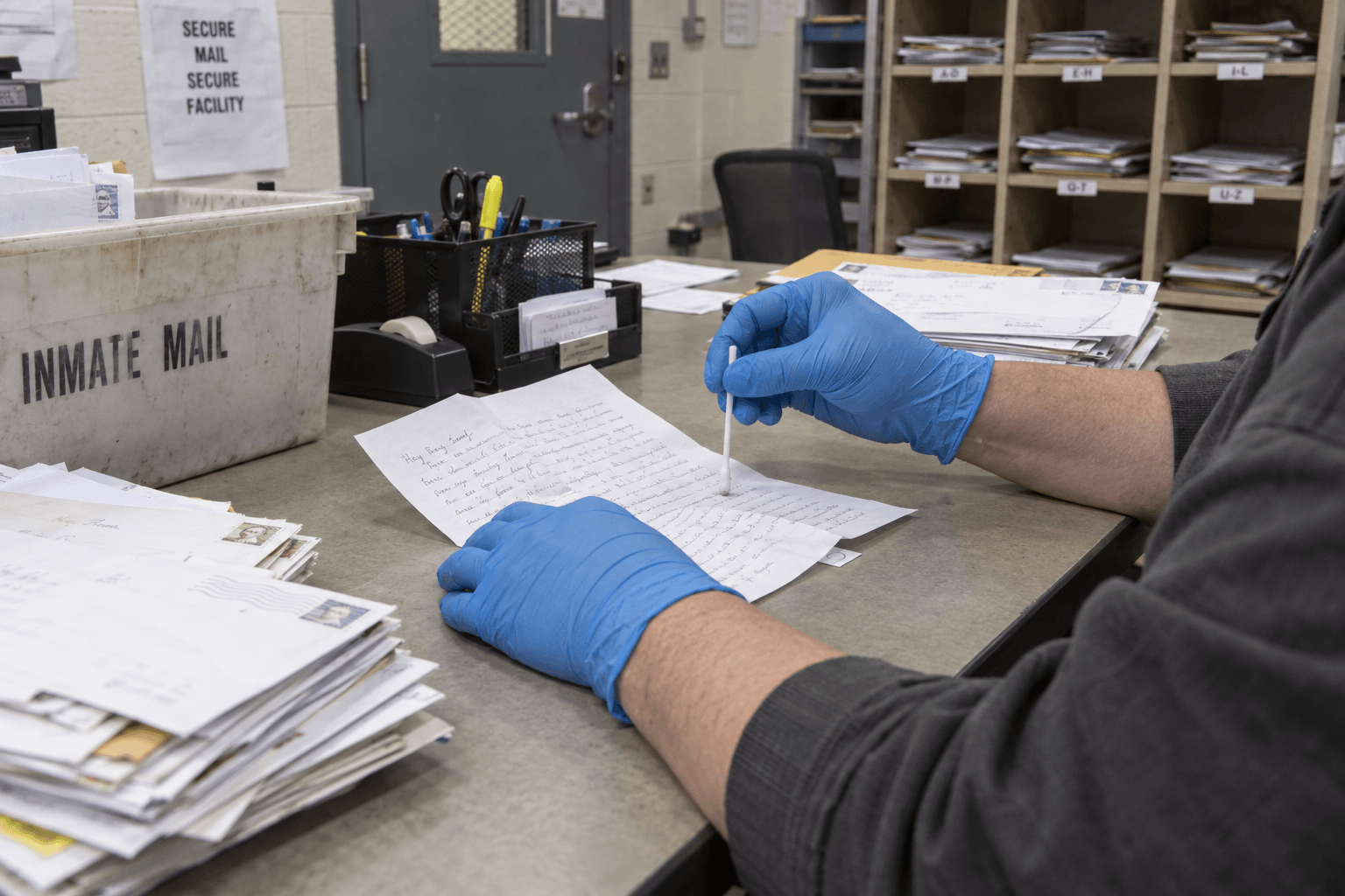 Gloved mailroom staff sampling an opened letter at a corrections mail sorting desk