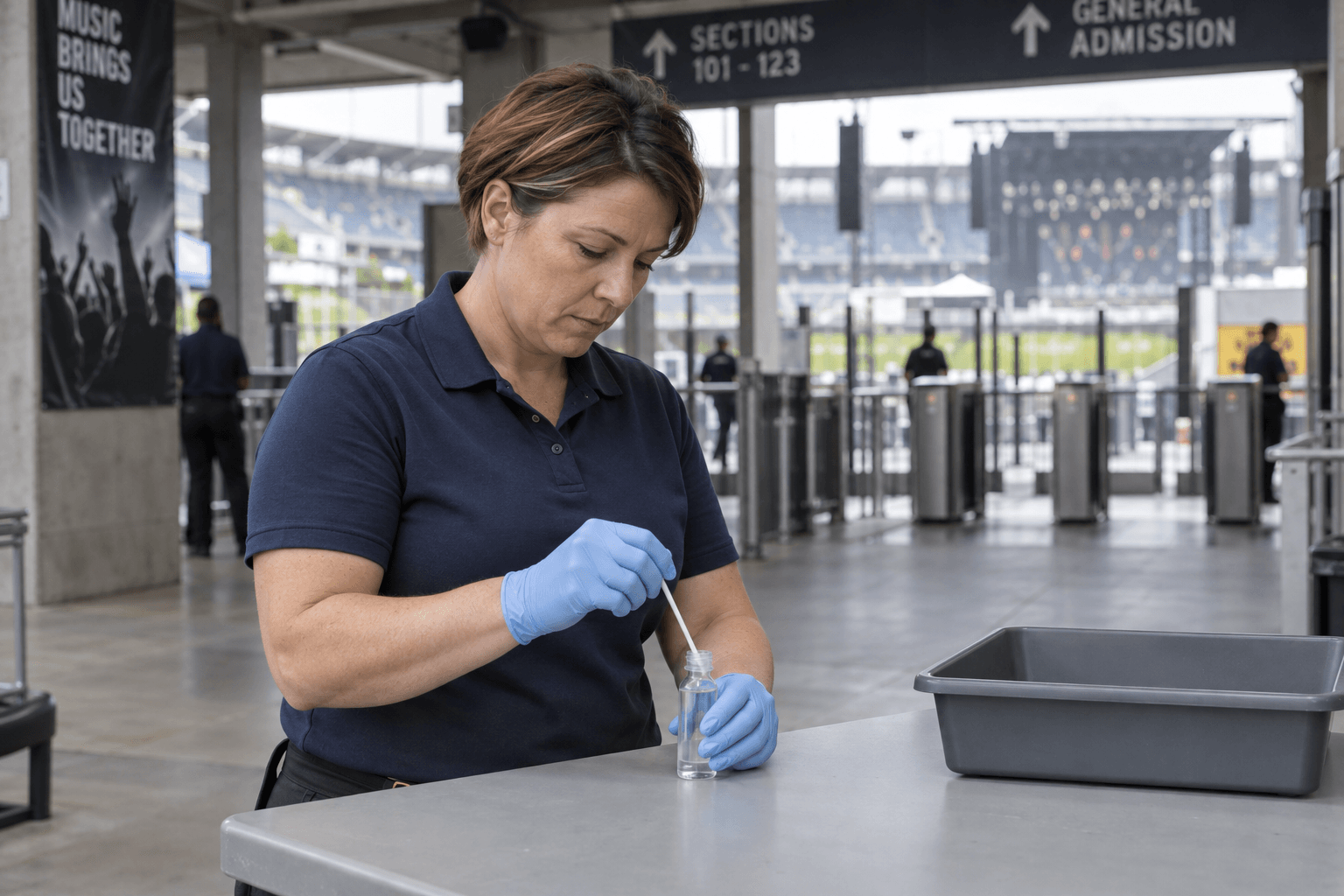 A private security professional sampling a small bottle at a stadium inspection table