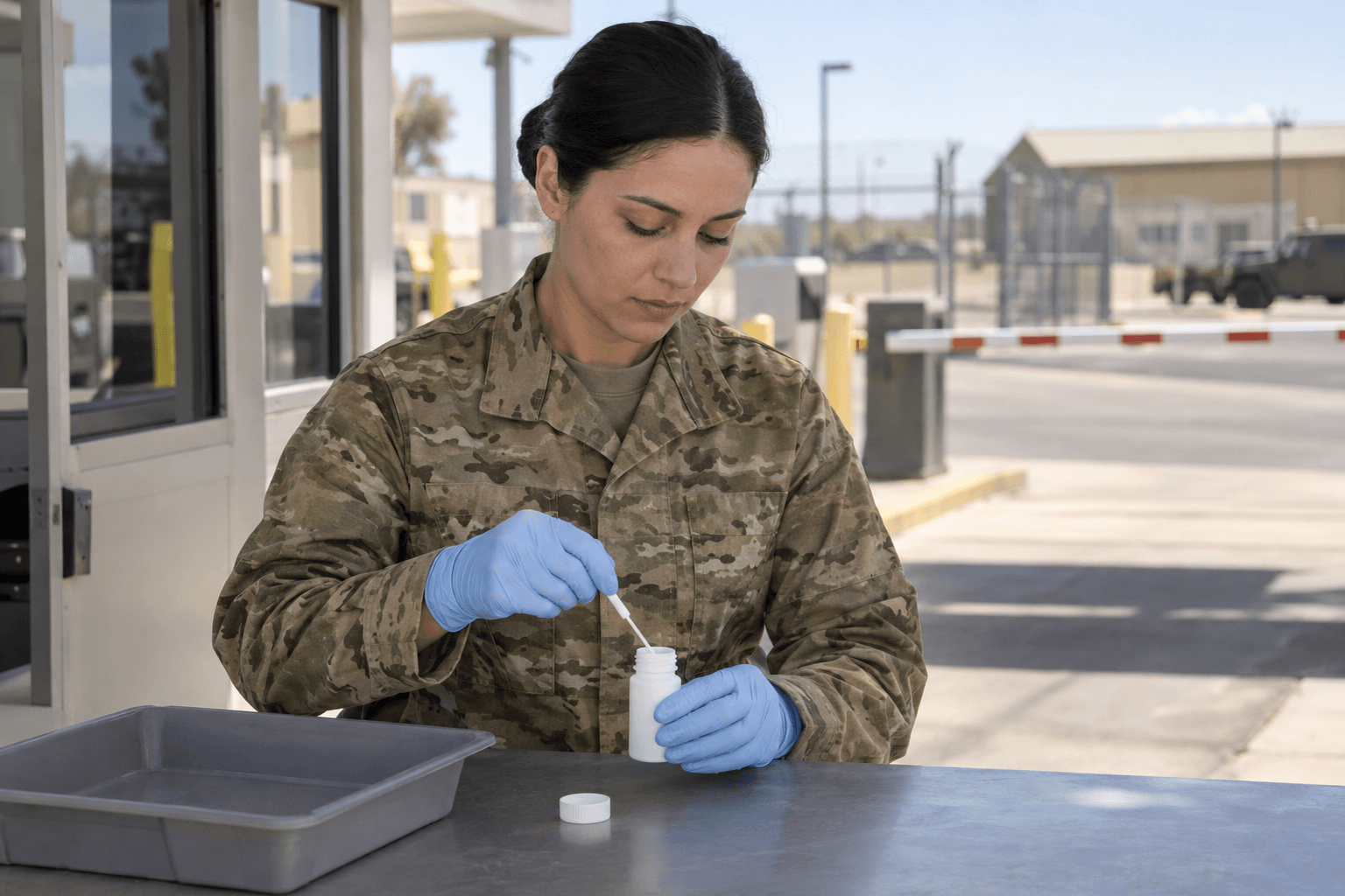 An unarmed service member sampling a liquid container at an installation inspection bench