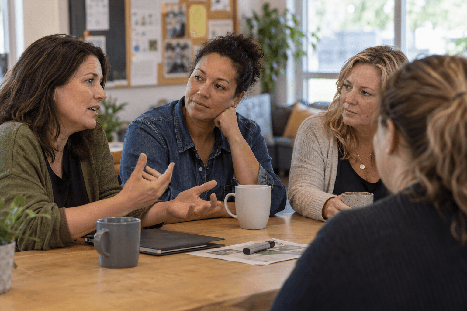 Mothers discussing teenage vaping around a community-room table