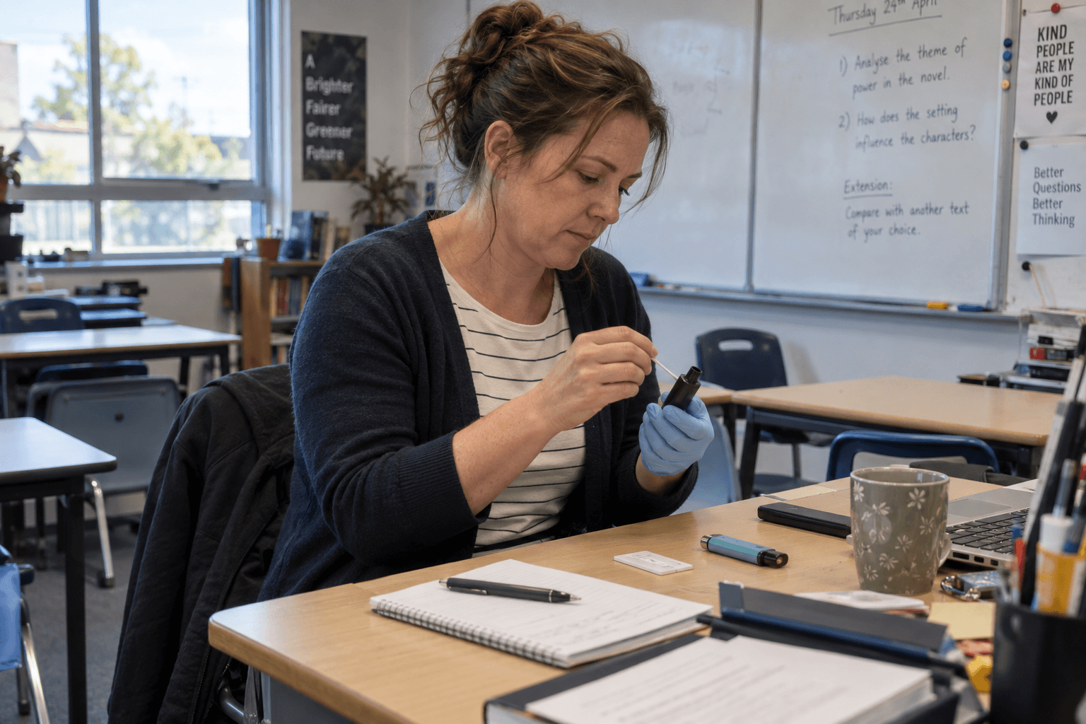 A teacher carefully sampling a recovered vape in an empty classroom