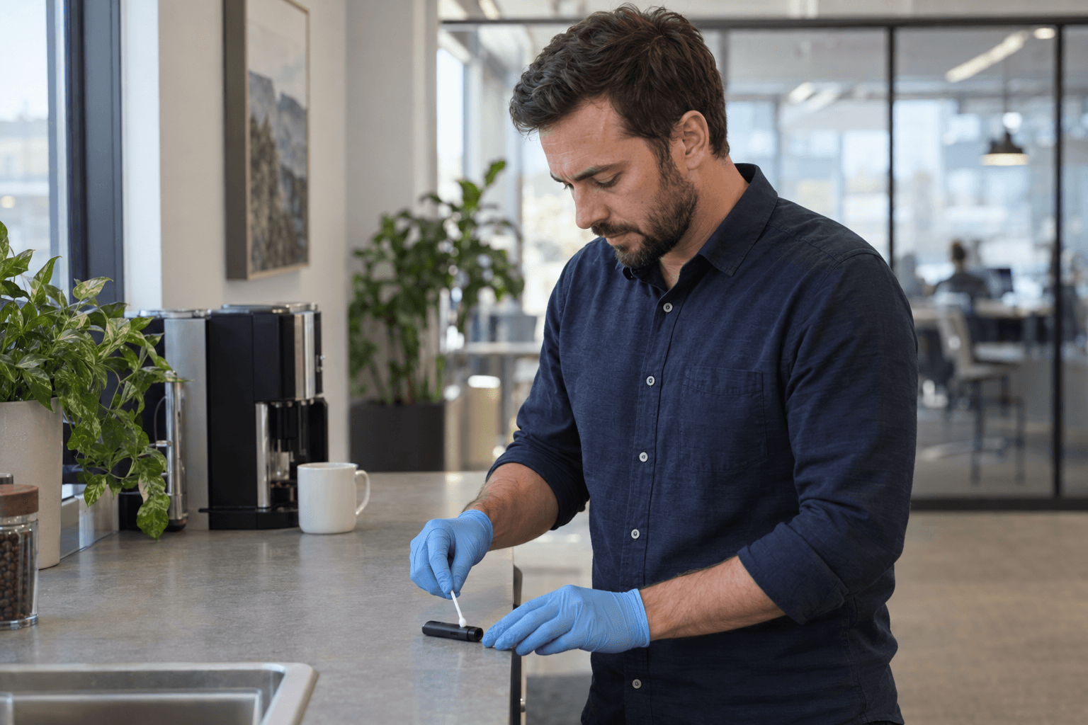 A workplace team member collecting a surface sample with a test kit